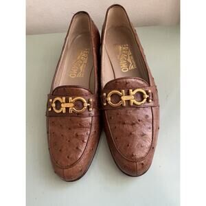 Sz 5 - SALVATORE FERRAGAMO Horsebit Loafer Ostrich Brown Gold Hawrdware